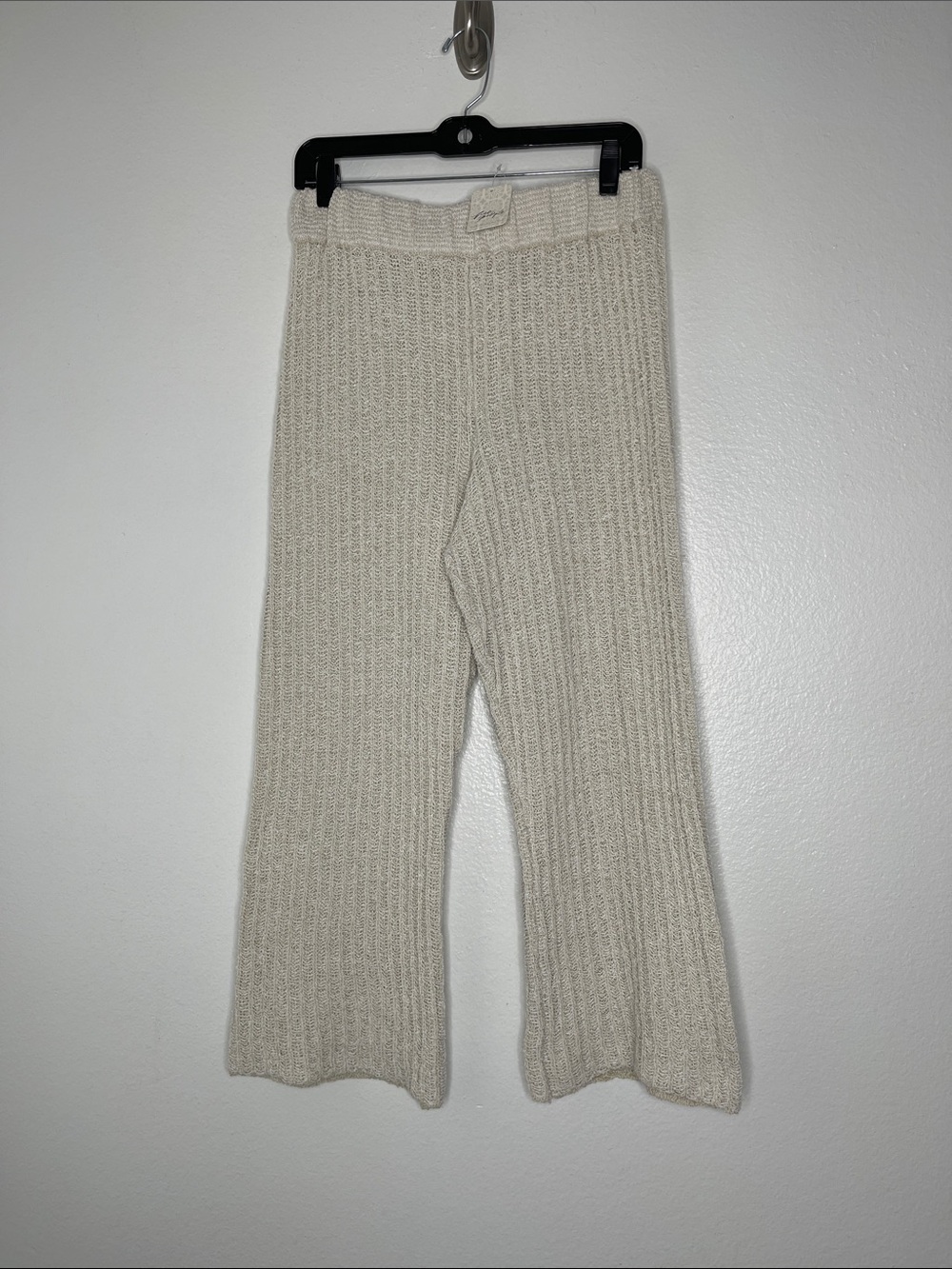 Free People Beach Waffle Knit Wide Leg Cropped Oatmeal Pants Size Medium BNWT